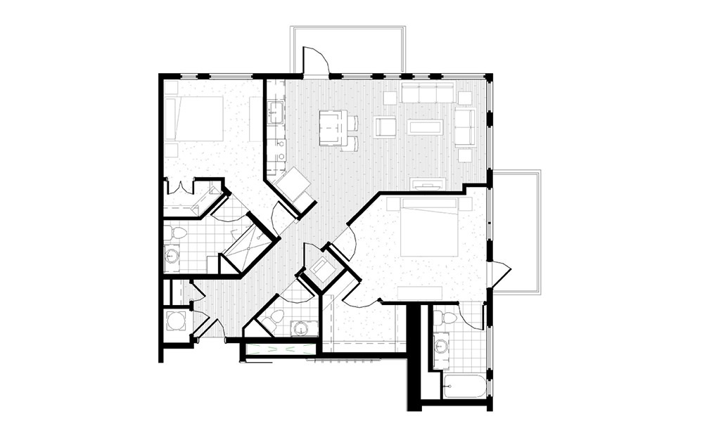 B15 - 2 bedroom floorplan layout with 2.5 baths and 1198 square feet.